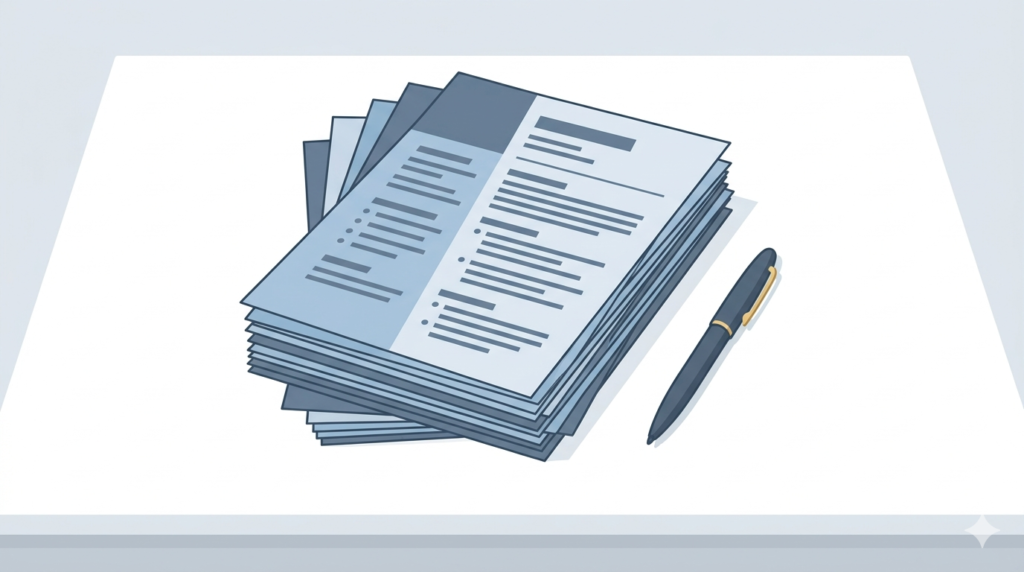 Illustration of a multi-page federal resume on a desk with a pen