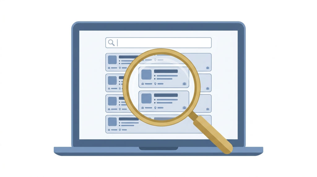 Illustration of an online job search on a laptop with a magnifying glass