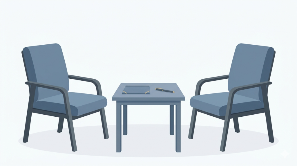 Illustration of two chairs set up for a job interview with a notepad