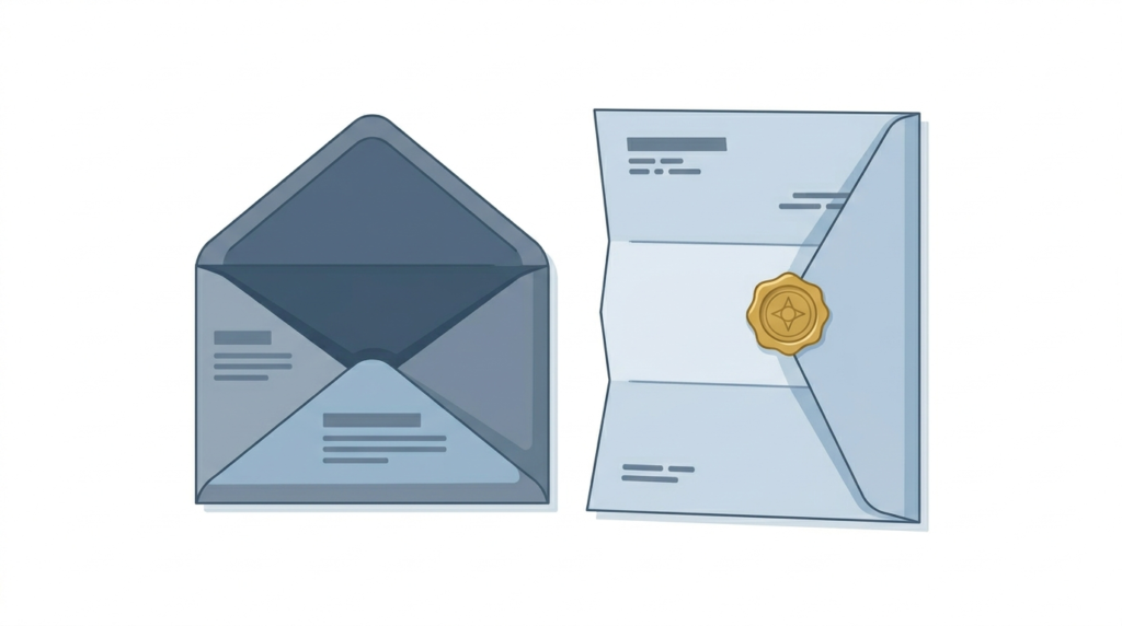 Illustration of a cover letter beside an open envelope