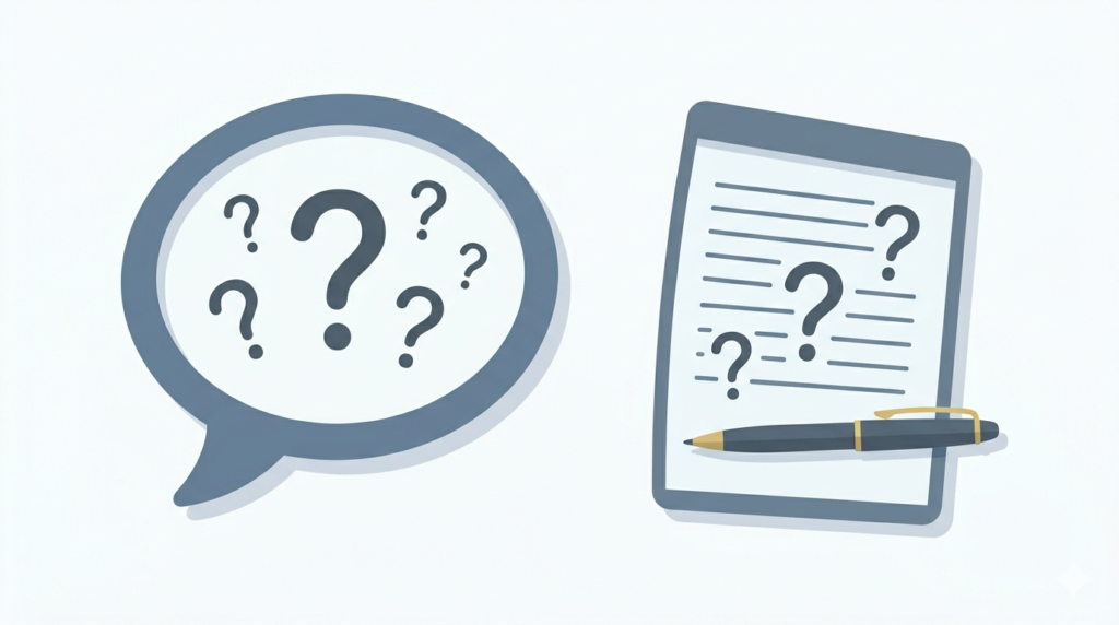 Illustration of a speech bubble and notepad representing interview questions