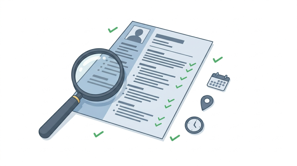 Illustration of a resume page with a magnifying glass and checkmarks