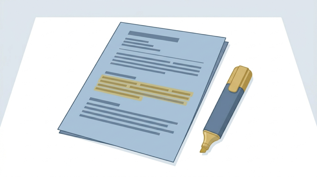 Illustration of a job description with highlighted lines and a highlighter