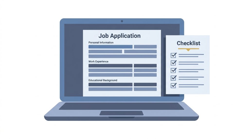 Illustration of a federal job application form on a laptop with a checklist