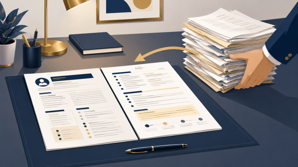 A concise two-page federal resume on a desk replacing a long stack of pages